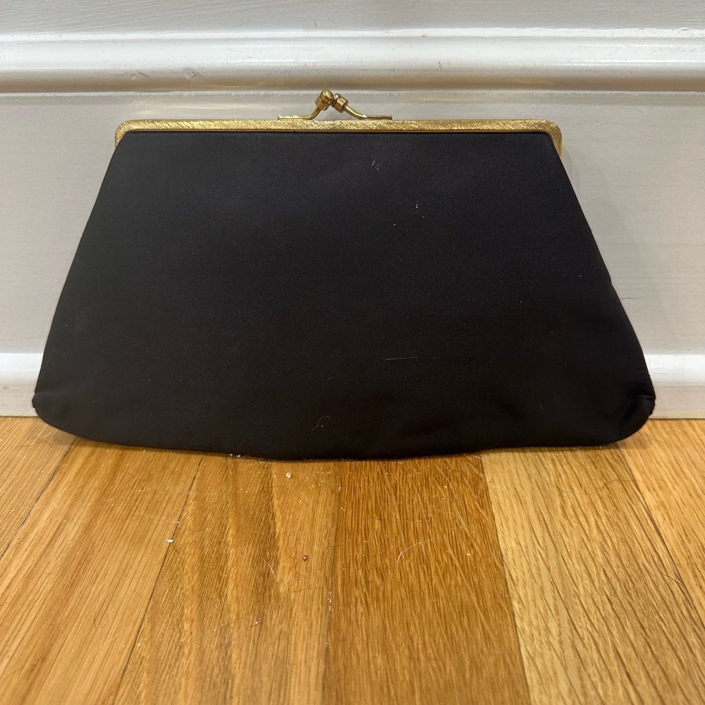 VTG Elegant Black Clutch with Gold Accents MM Peau De Faille